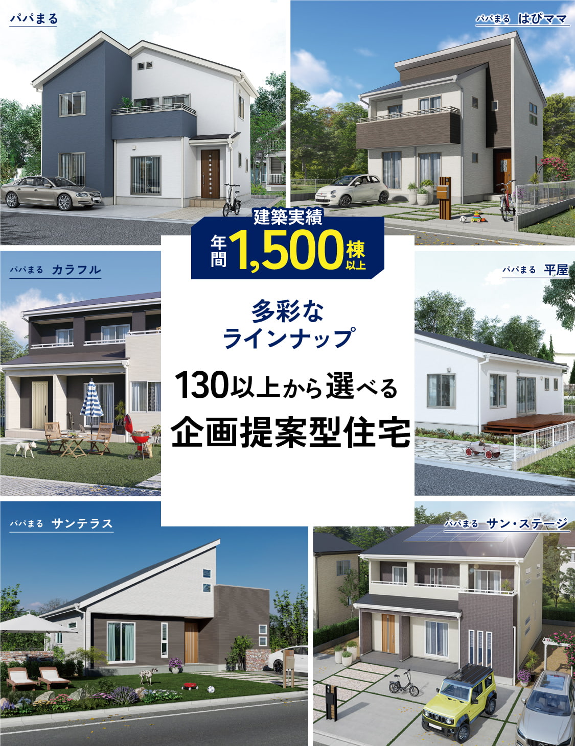 建築実績 年間1,500棟以上 130以上から選べる企画提案型住宅　多彩なラインナップ